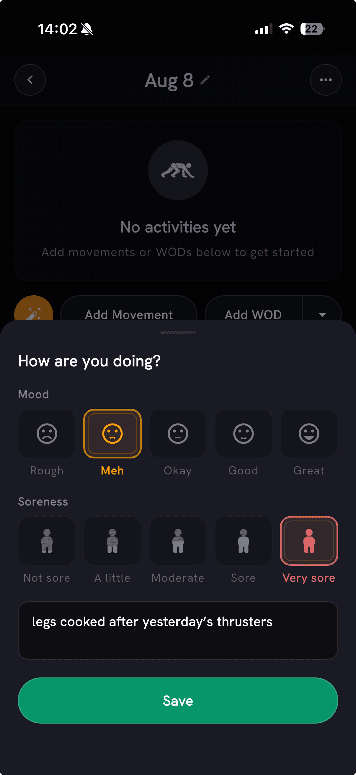 How are you doing sheet with mood and soreness ratings selected in PRzilla