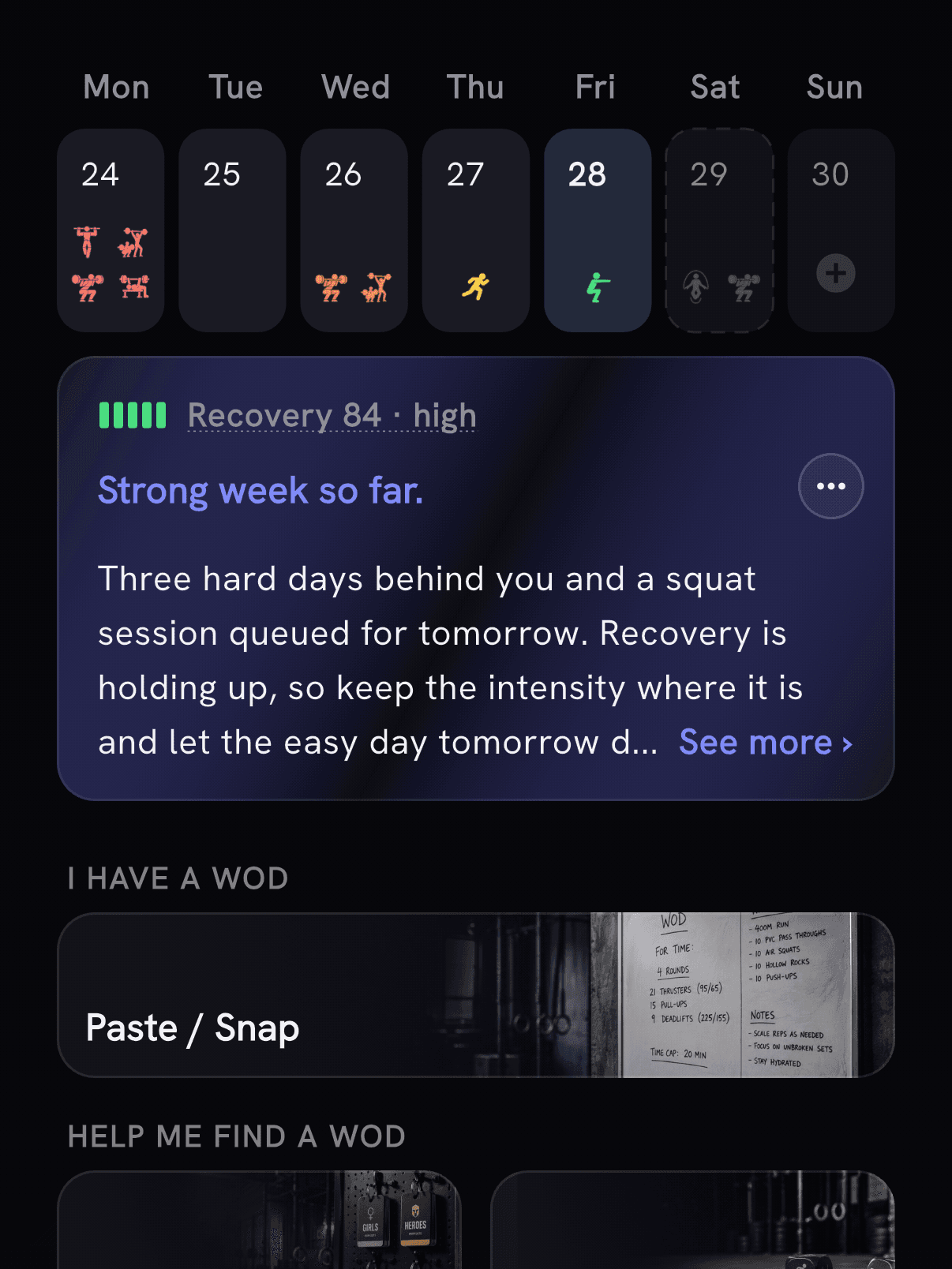 PRzilla Home showing a Monday-to-Sunday training week with movement icons coloured by intensity, a dashed Saturday holding queued work, and the daily coach note below
