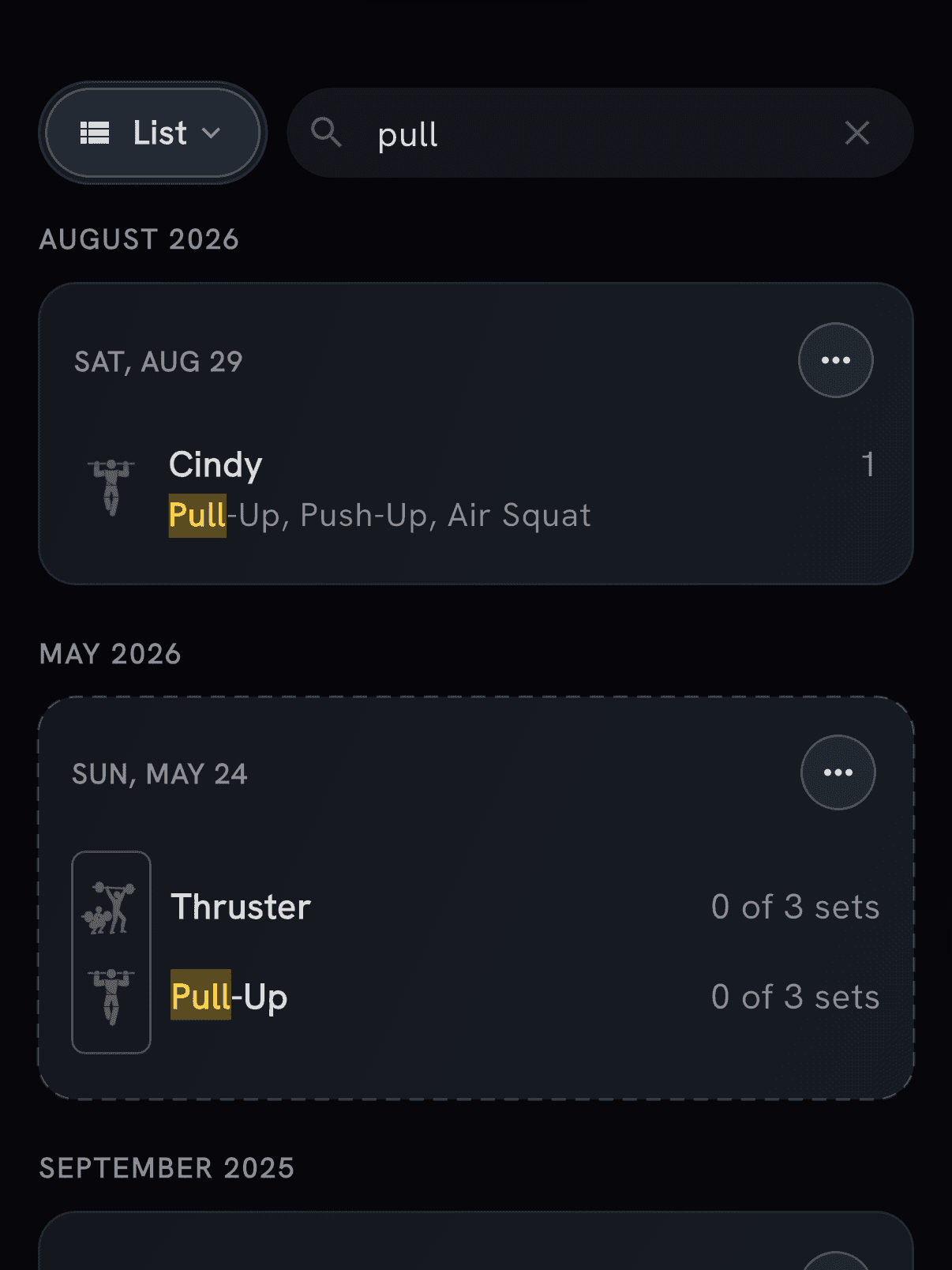 Searching the PRzilla Log for pull, returning Cindy from August 29 and a Thruster and Pull-Up session from May 24, with every match highlighted in the movement lists