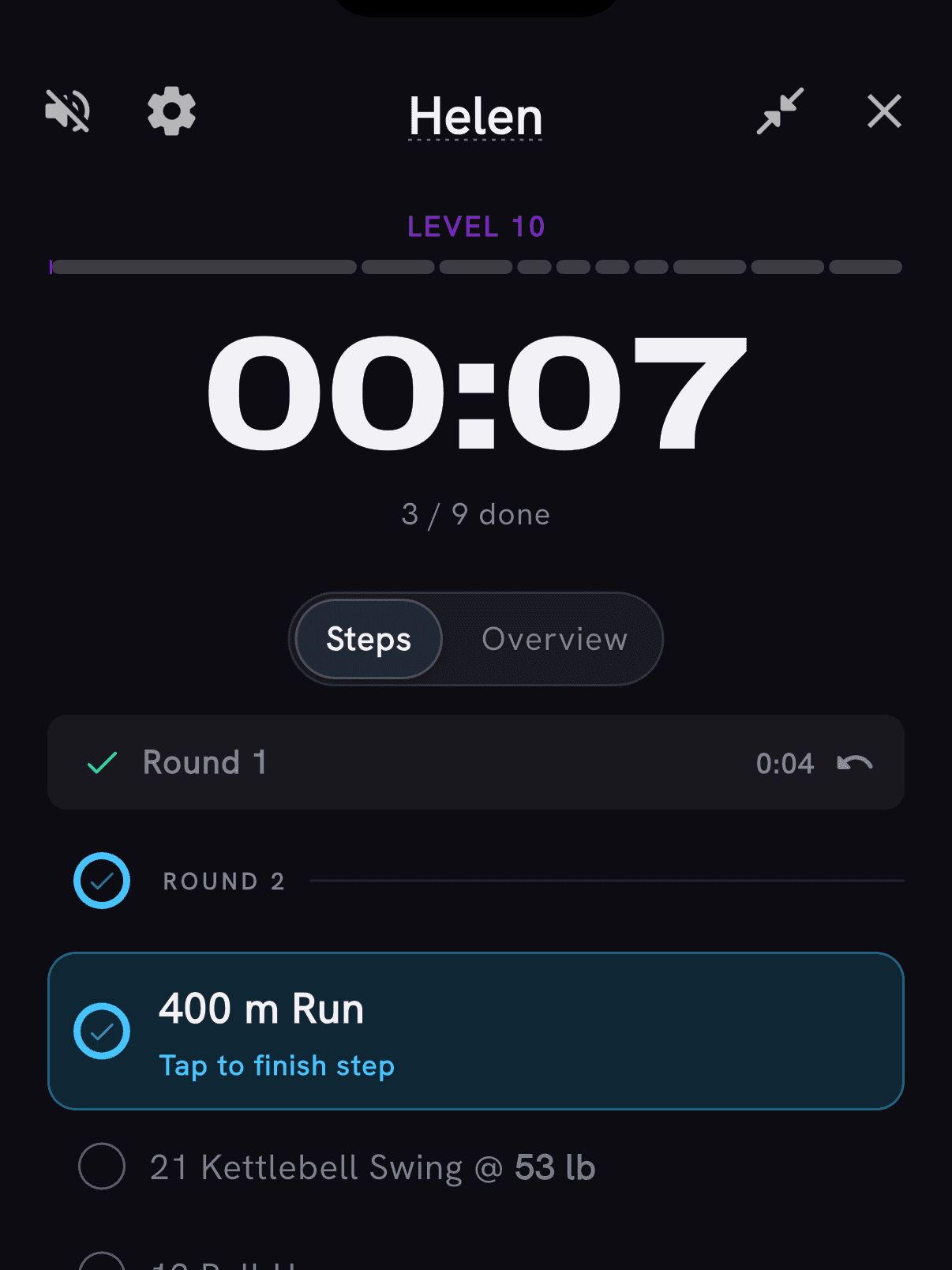 Helen running on the PRzilla timer: level ten above the clock, round one finished at four seconds, and the 400 metre run active with Tap to finish step