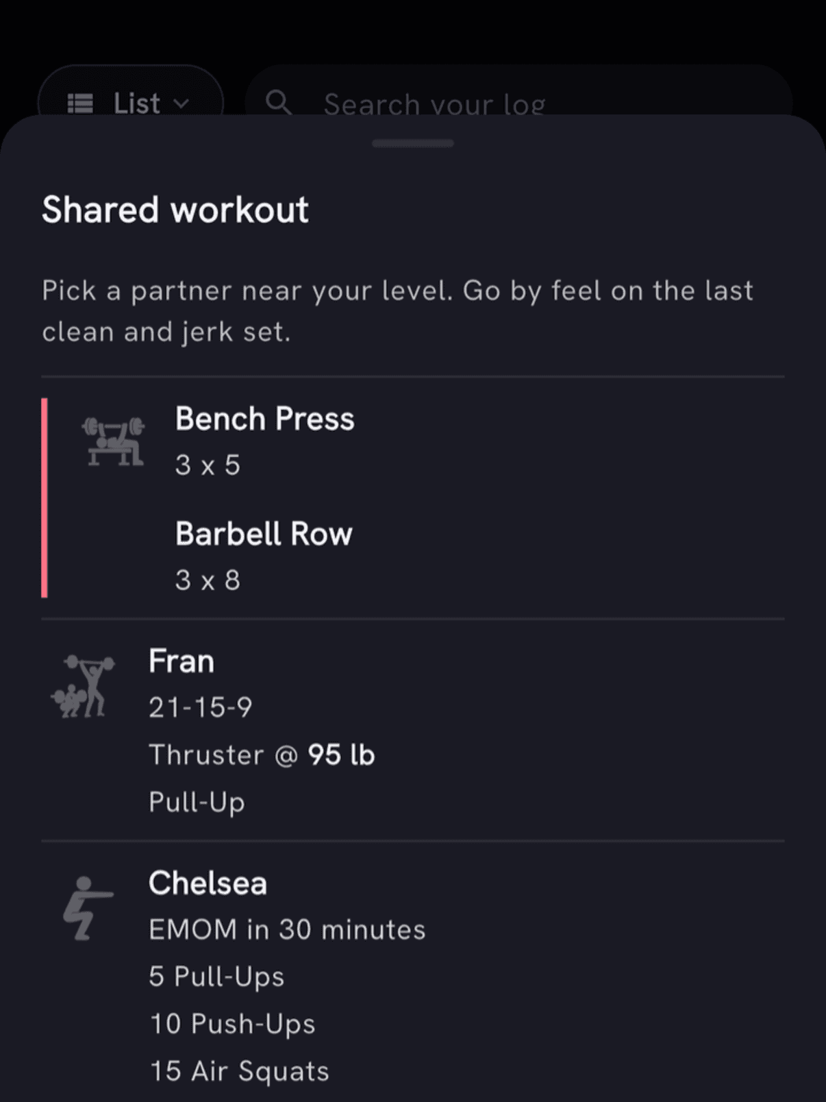 Shared workout preview with Bench Press, Barbell Row, Fran and Chelsea listed beneath the athlete's note