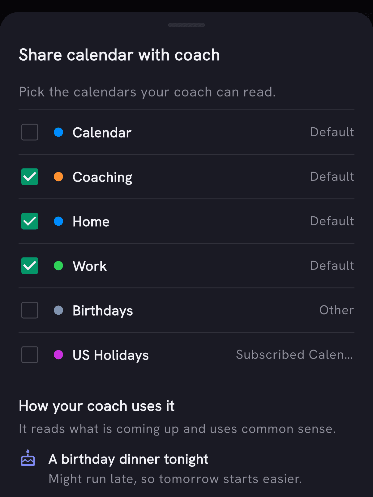 The Share calendar with coach sheet with Coaching, Home and Work calendars picked, above examples of how the coach uses them