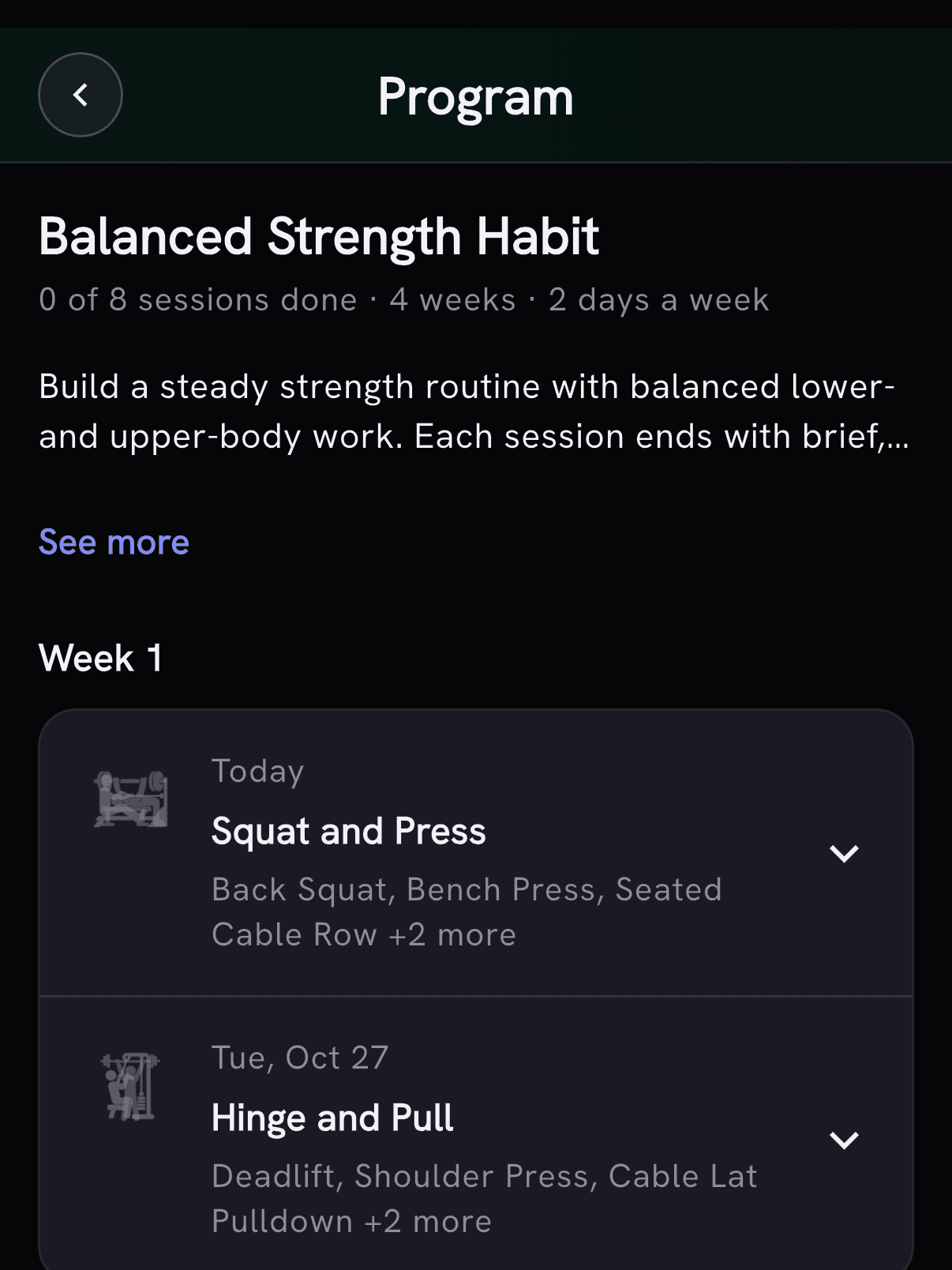 A running personal program showing its training schedule and progress