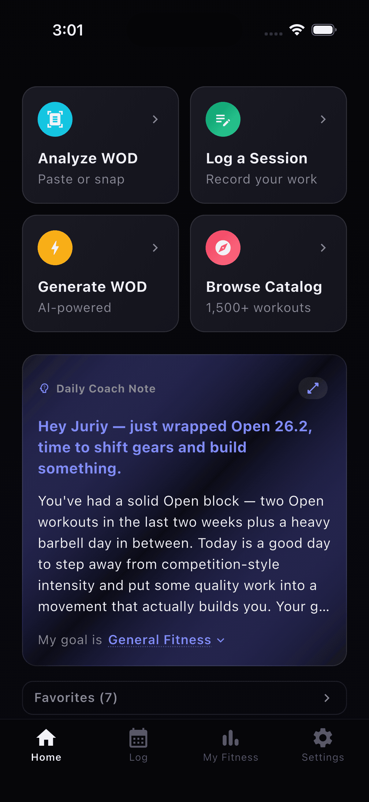 Coach's Notes, Generate WOD & Favorites