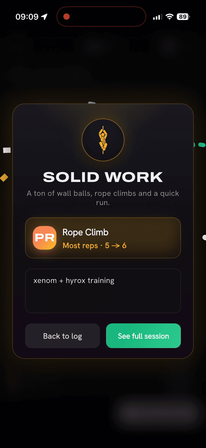 Workout finish-line completion screen in the PRzilla mobile app
