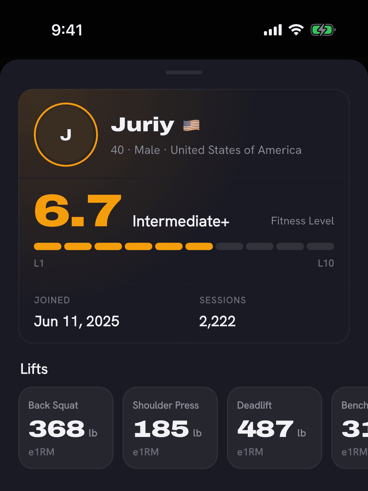 An athlete profile: name and country, a 6.7 Fitness Level on the L1 to L10 track, join date and session count, and estimated lifts such as a 368 lb Back Squat