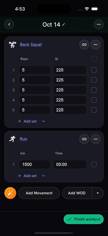 Run editor showing 1500 beneath a km heading