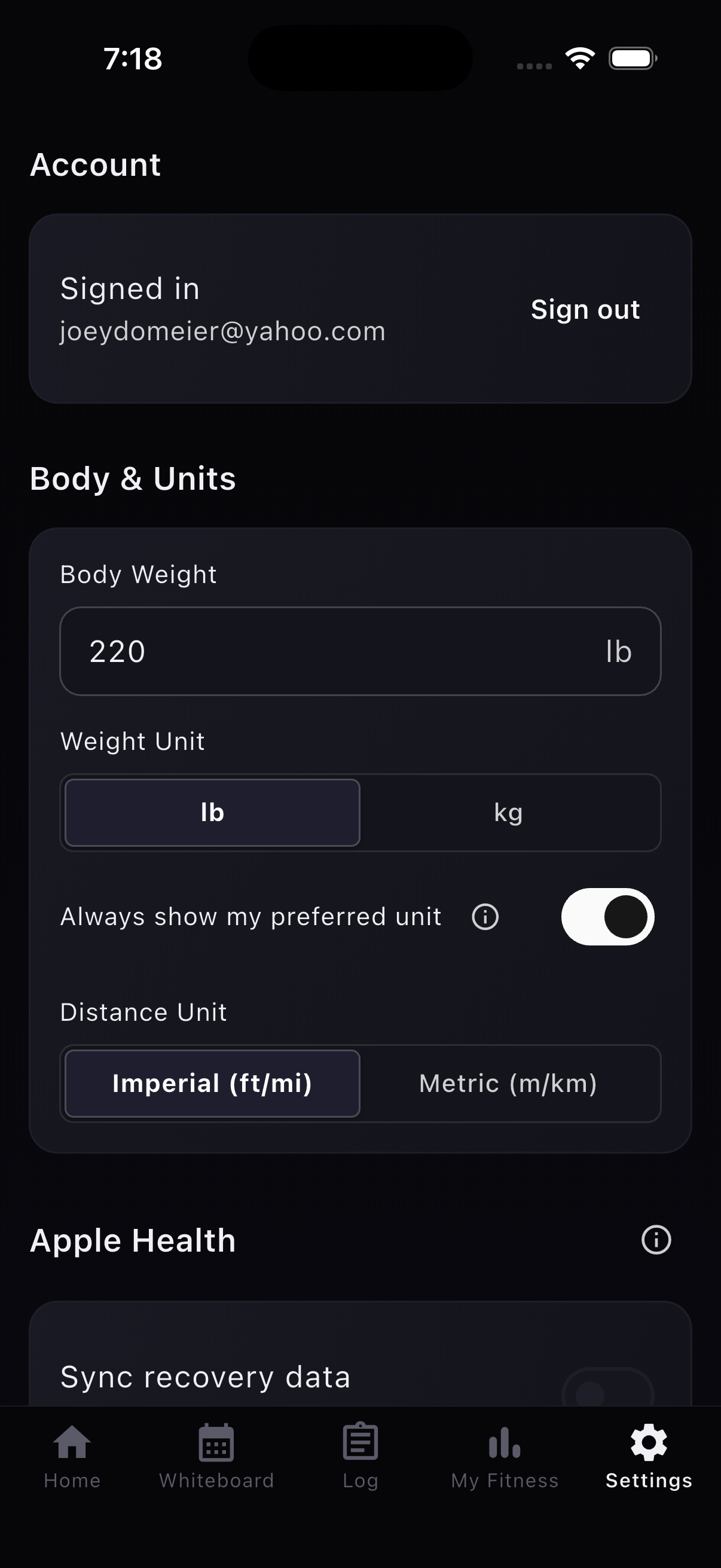 Settings screen showing the Always show my preferred unit toggle