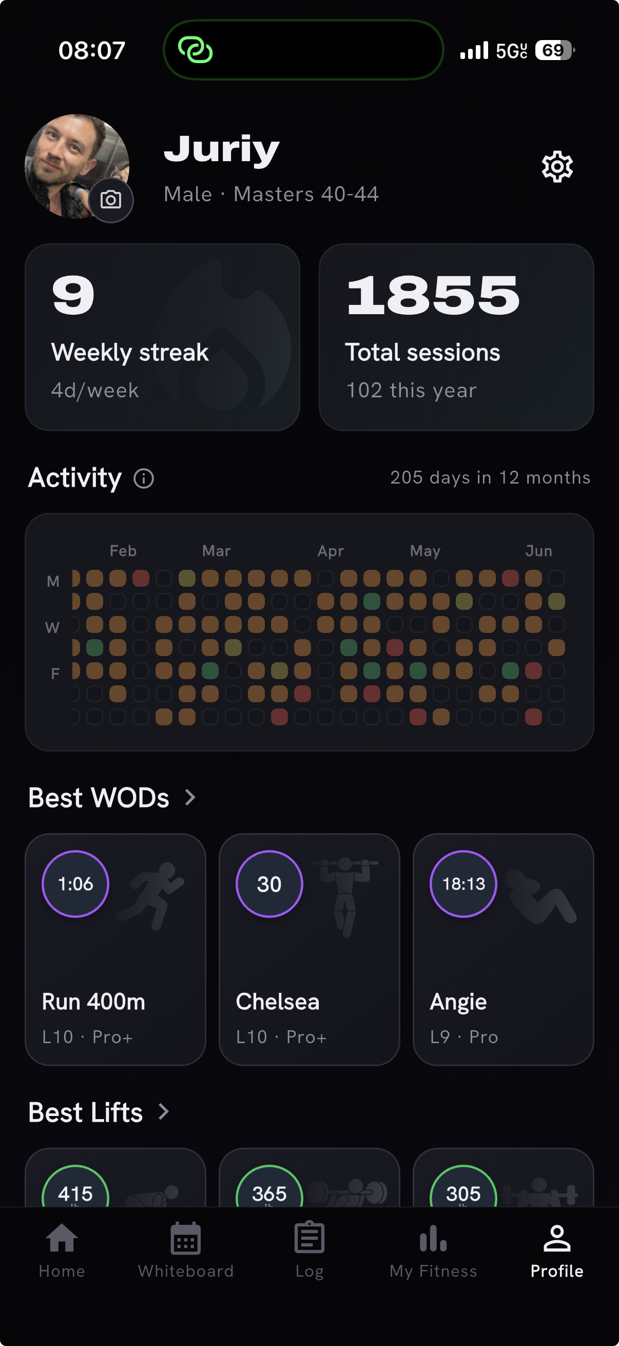 Your new Profile tab - streak, sessions, activity map, Best WODs and Best Lifts
