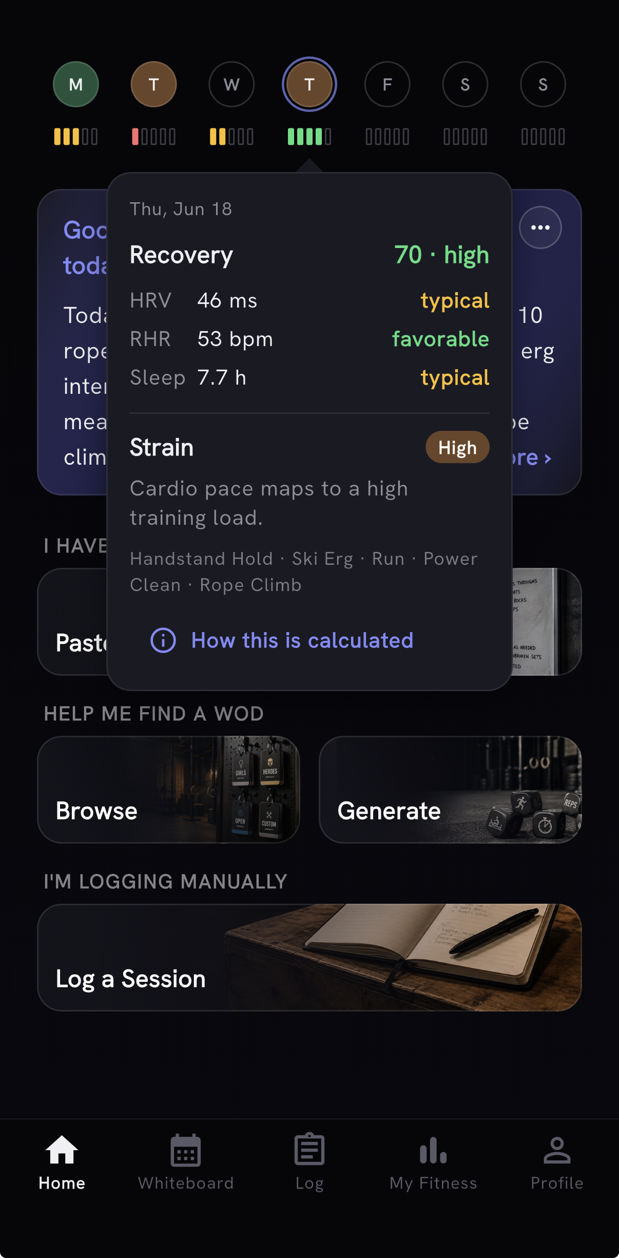 Tap any day for the full recovery and strain breakdown