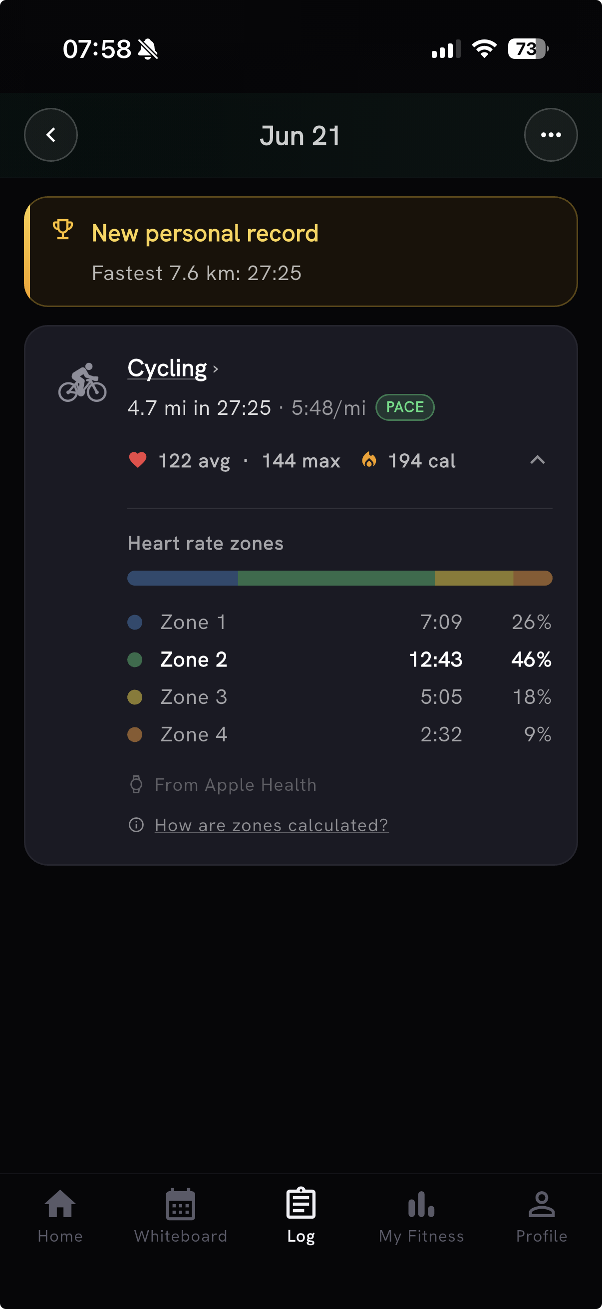 An imported ride showing average and max heart rate with its heart-rate zone breakdown, straight from Apple Health