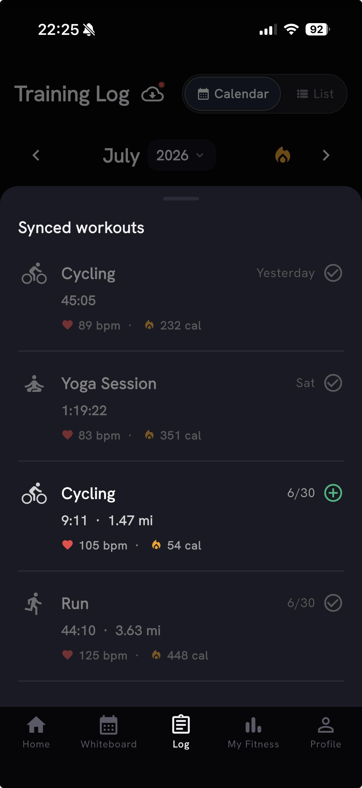 The Synced workouts sheet - import your Apple Health runs, rides, rows, swims, and more, each with heart rate and calories