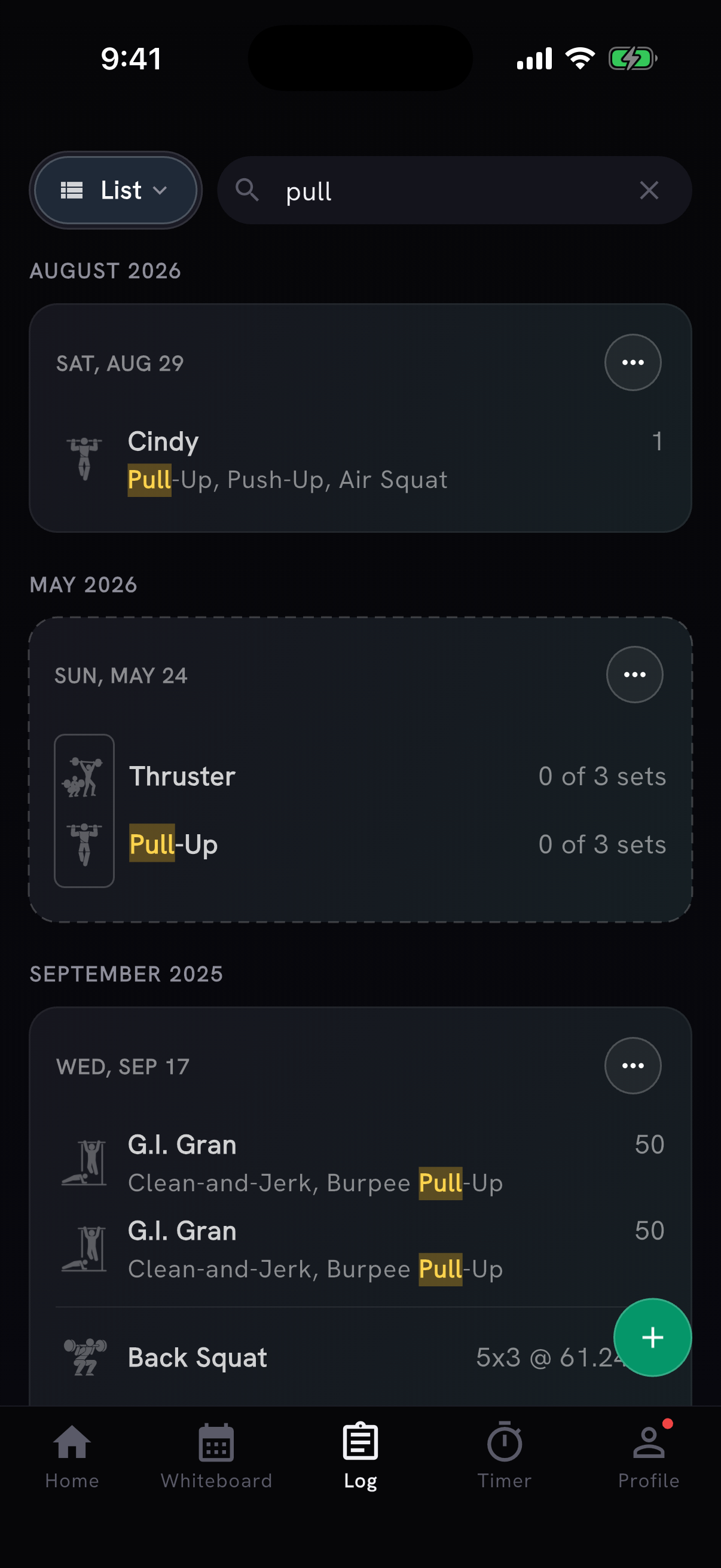 The Log in List view searching for pull, with highlighted matches in Cindy and other recorded sessions.
