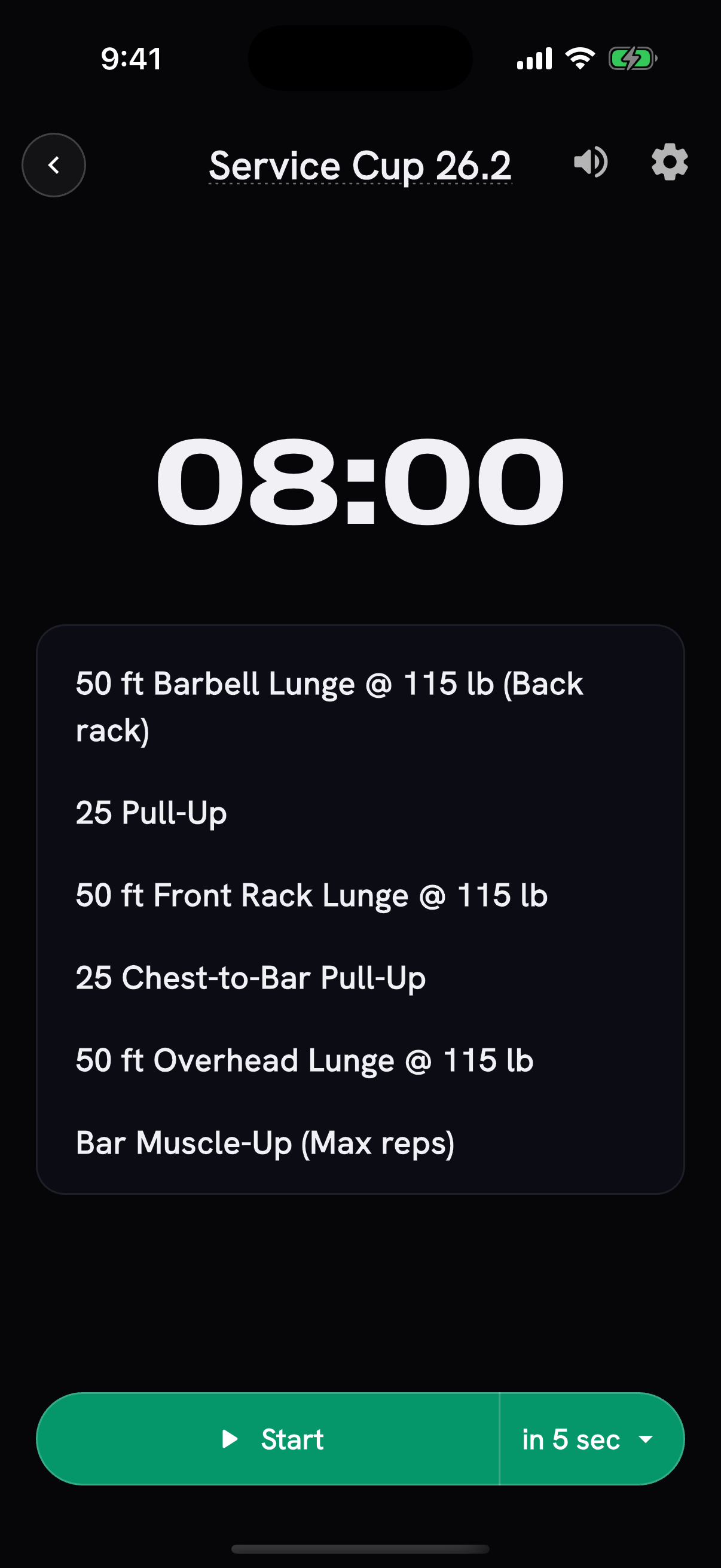 Service Cup 26.2 timer preview showing the eight-minute clock, 50-foot lunges, and max bar muscle-ups.